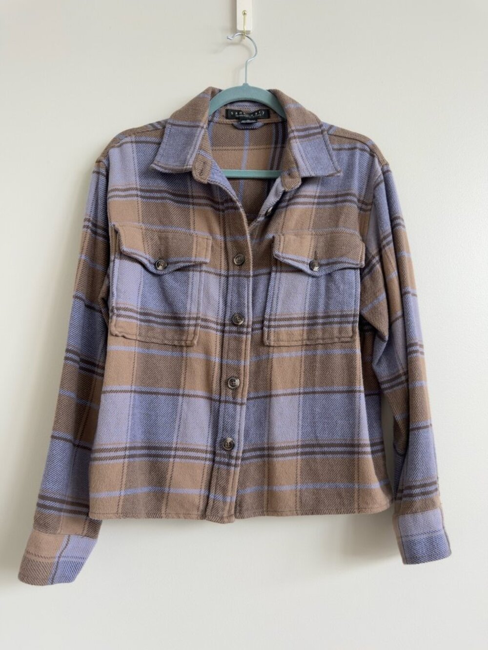 Sanctuary Standard Surplus Plaid Shacket Jacket Medium Brown Blue Cotton